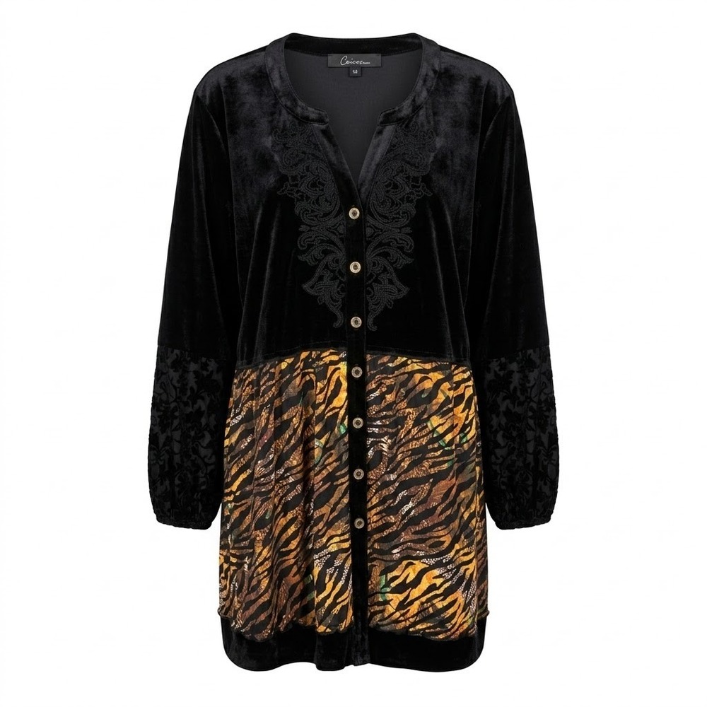 NEW Calessa Womens 2X Black Velvet Animal Print Embroidered Button Up Tunic Top
